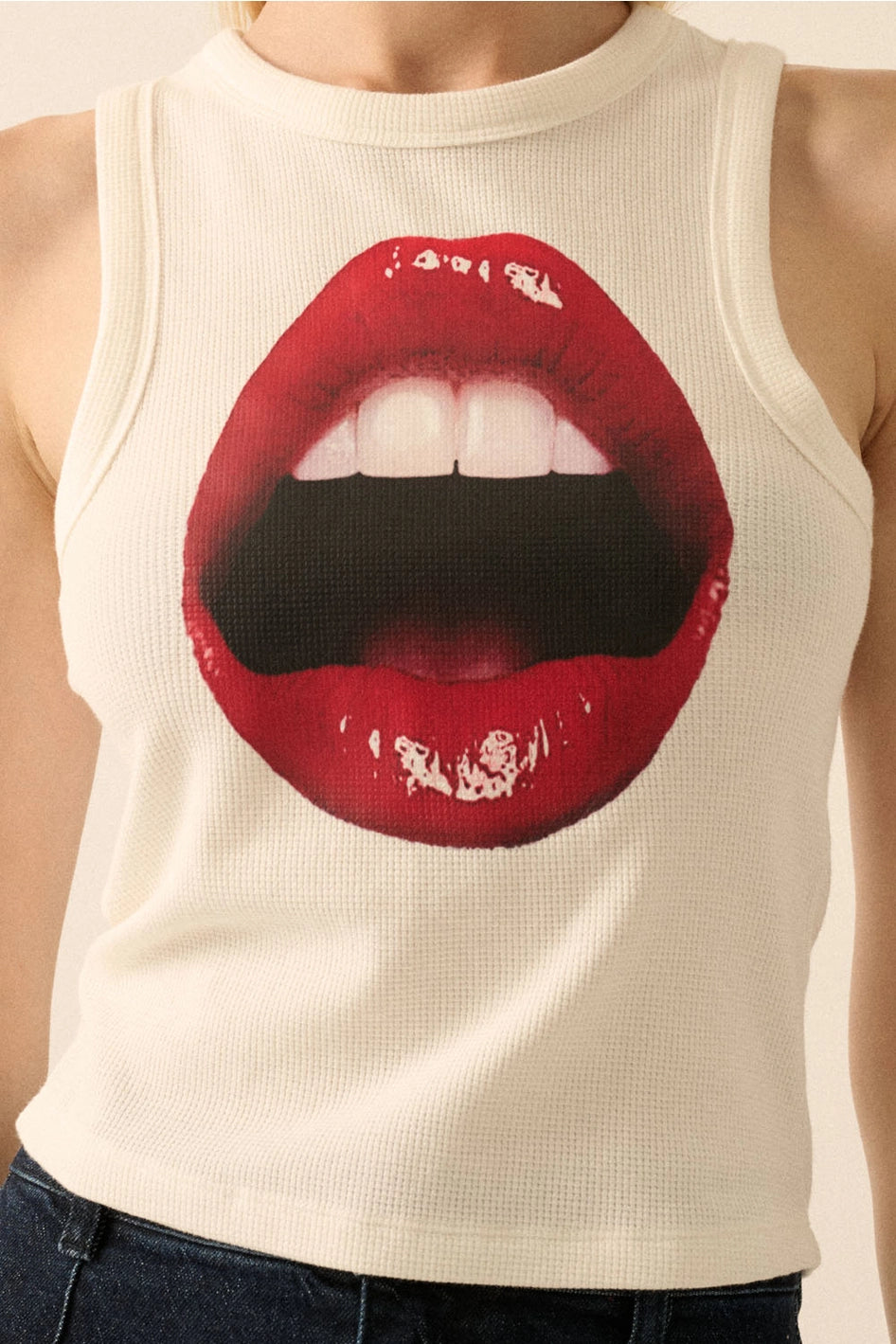 Open Lips Waffle-Knit Graphic Racerback Tank