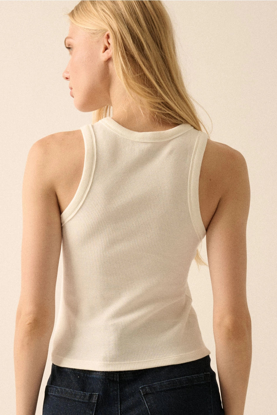 Open Lips Waffle-Knit Graphic Racerback Tank