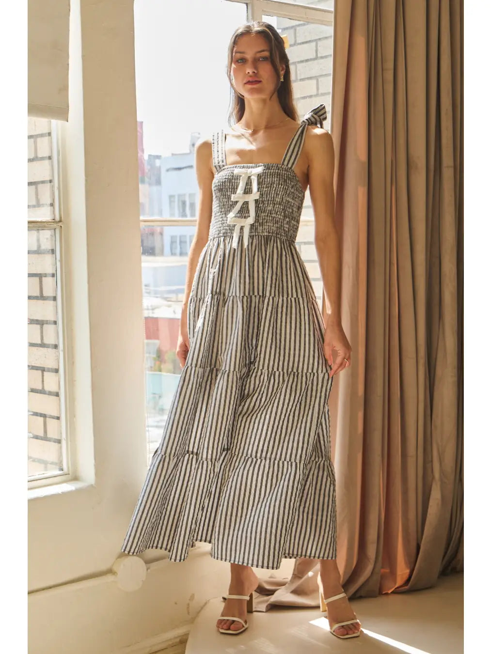 Sarah Striped Sleeveless Tired Midi Dress