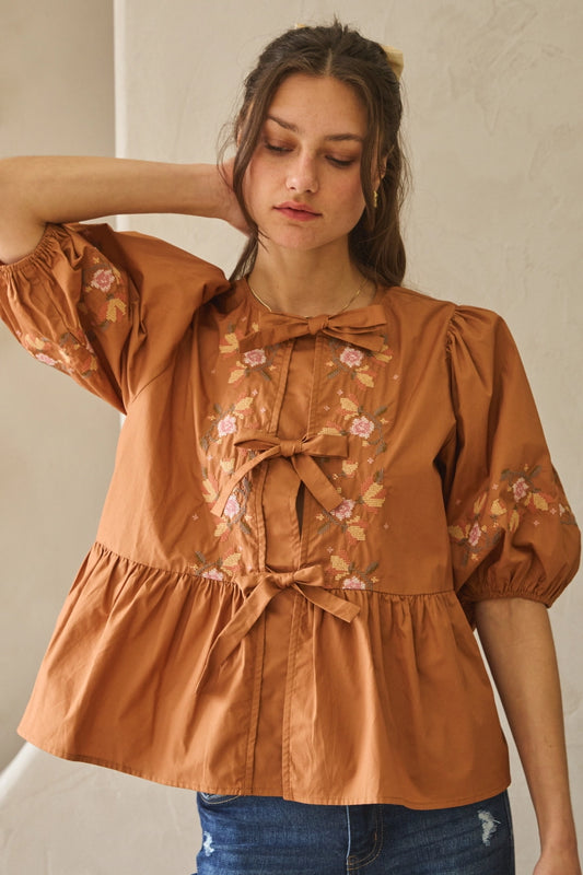 Embroidered Poplin Ribbon Tie Blouse
