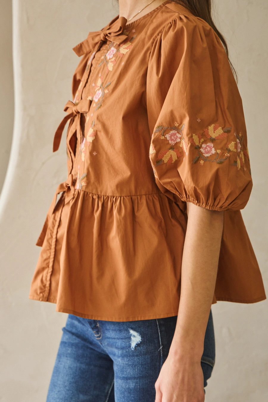 Embroidered Poplin Ribbon Tie Blouse
