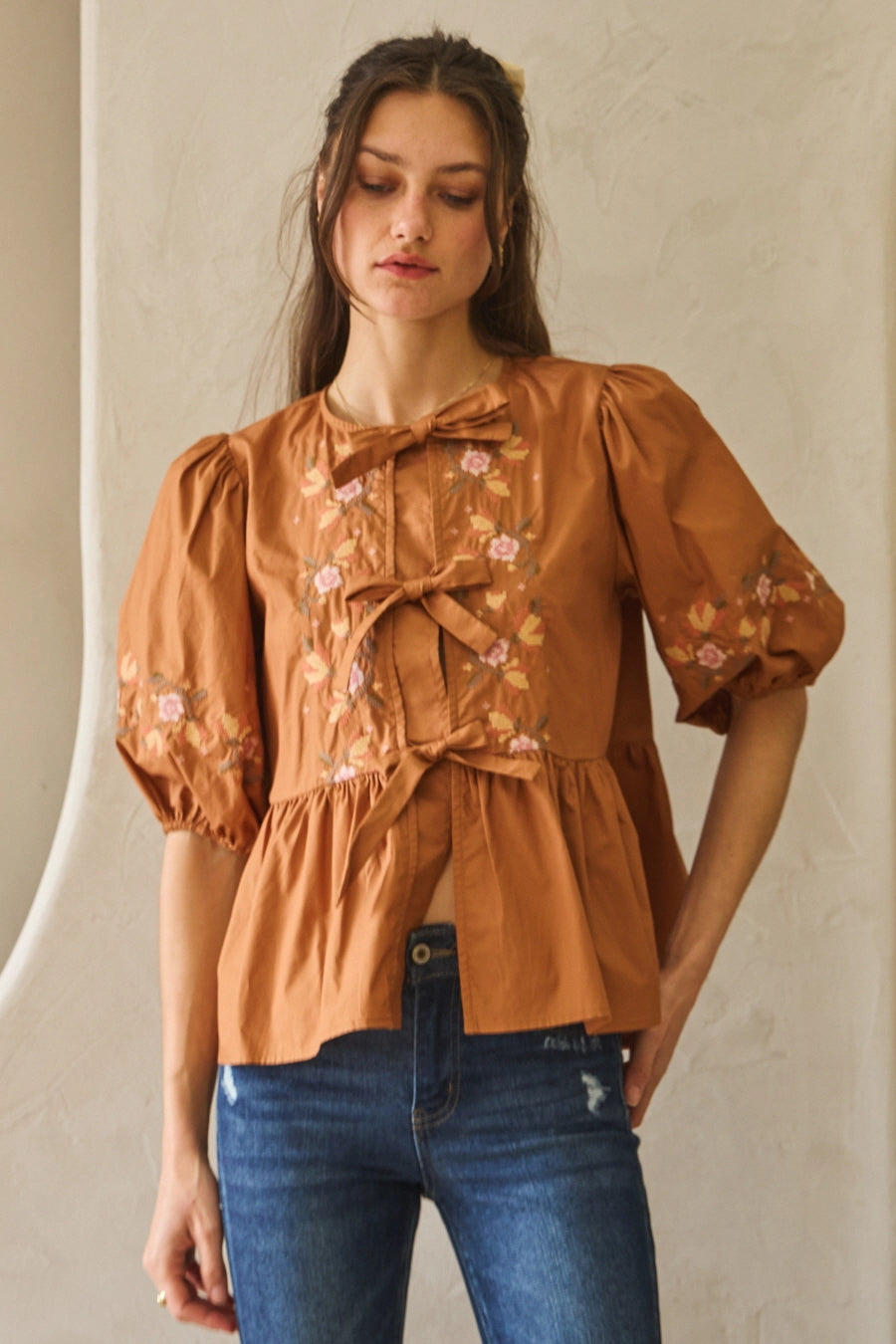 Embroidered Poplin Ribbon Tie Blouse
