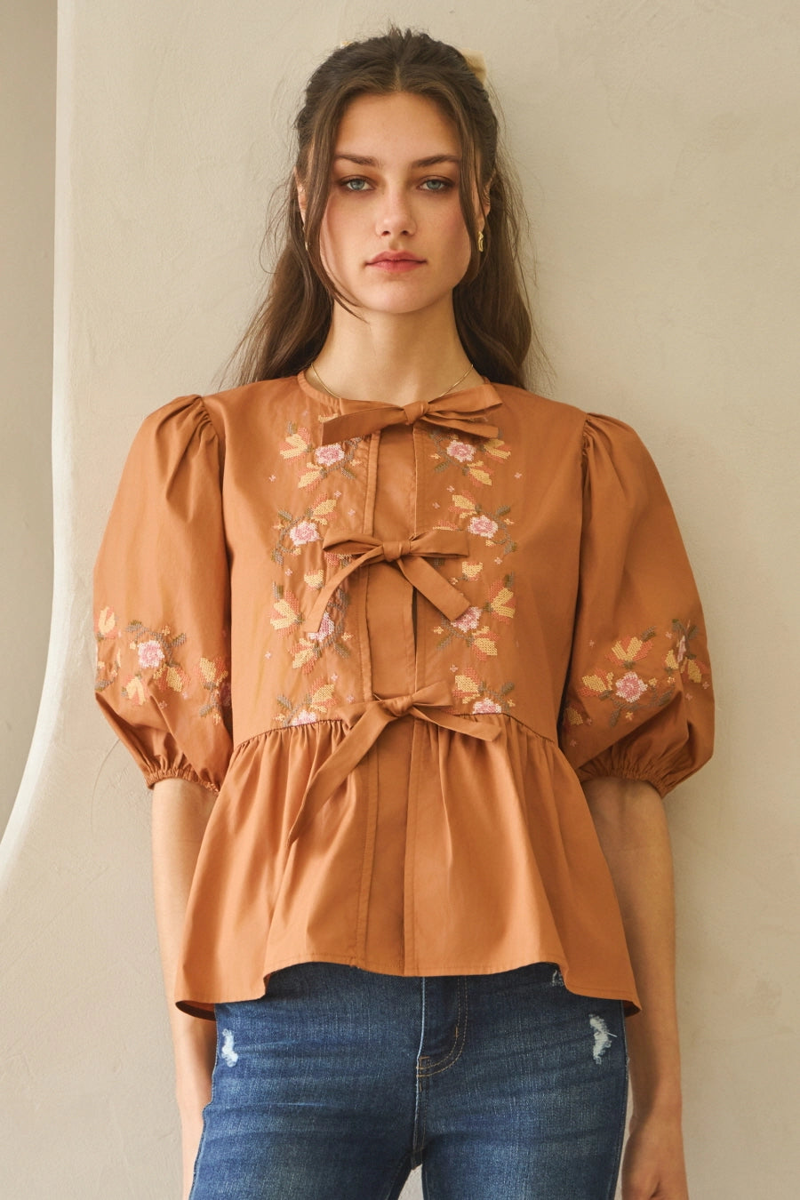 Embroidered Poplin Ribbon Tie Blouse