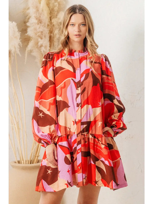 Conversational Printed Mini Shirt Dress