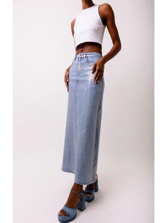 Mimi Stretch Metallic Light Denim Maxi Skirt