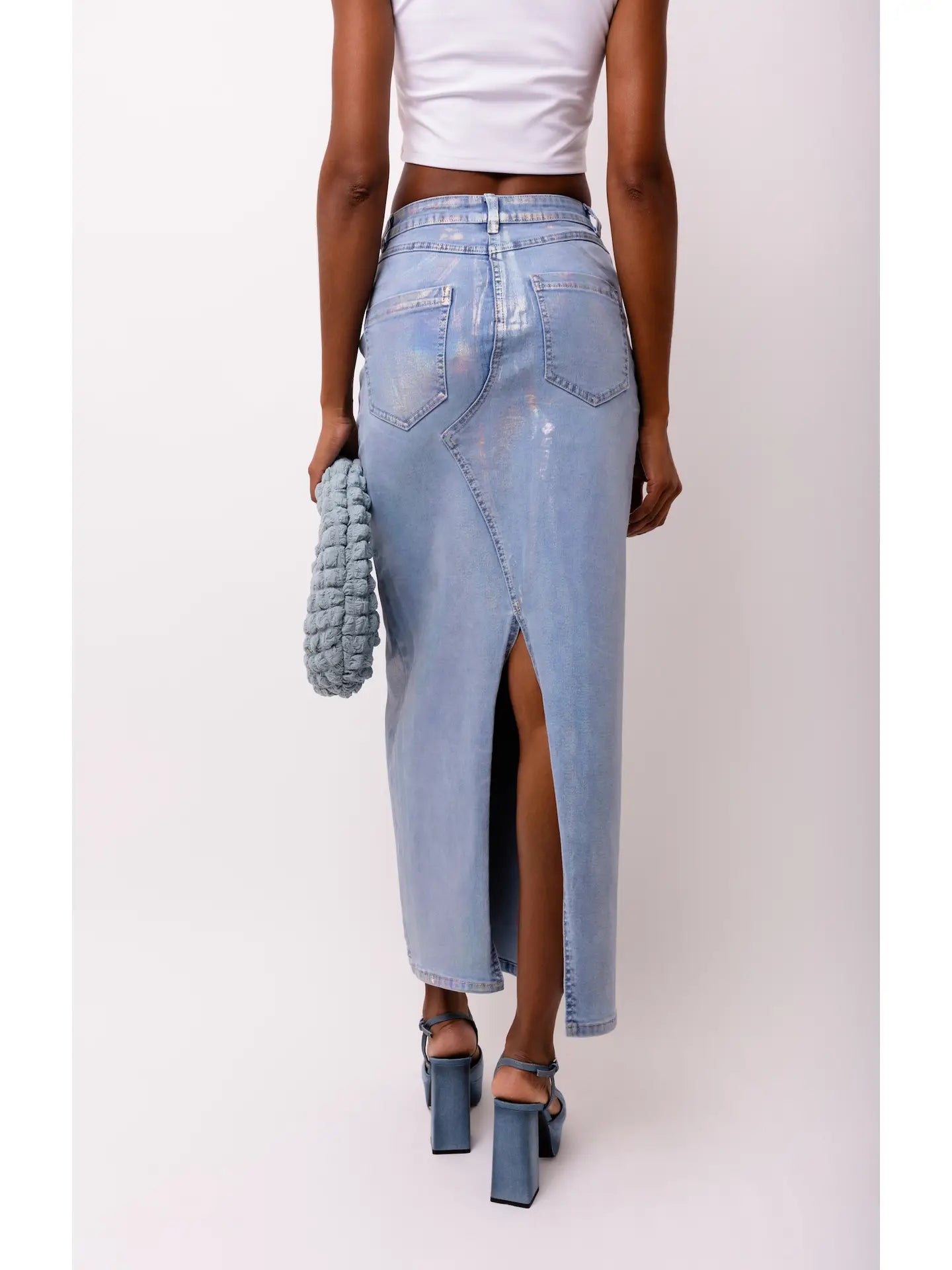 Mimi Stretch Metallic Light Denim Maxi Skirt