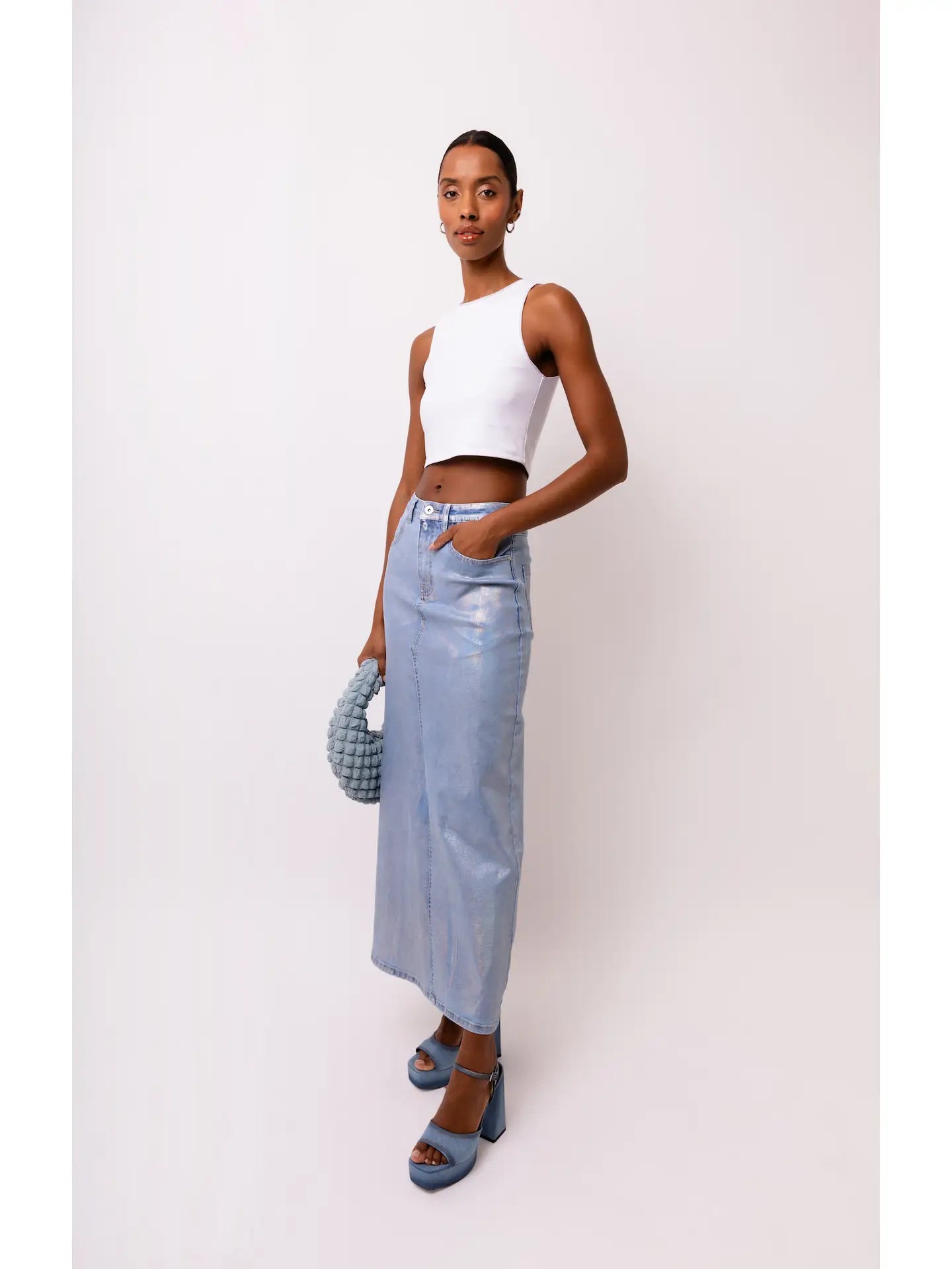 Mimi Stretch Metallic Light Denim Maxi Skirt