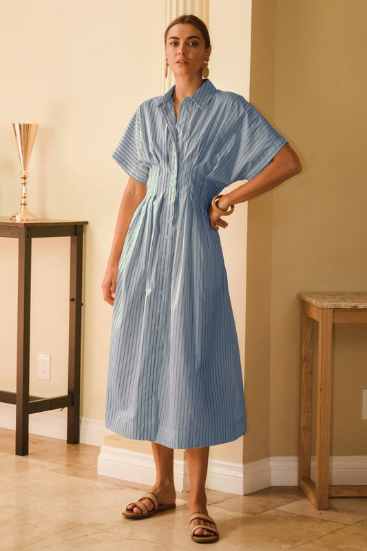 Pin Striped Cotton Poplin Midi Shirt Dress