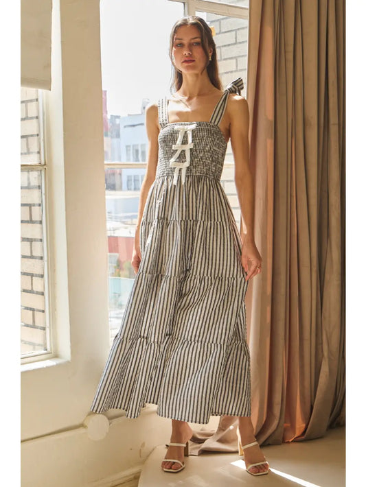 Sarah Striped Sleeveless Tired Midi Dress